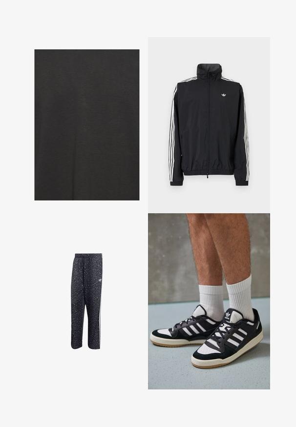 Must värvusega tuulejakk kõrge kraega, valge kolme triibu disainiga varrukatel, elastsed mansetid ja äär, väikese logoga rinnal.; Must t-särk, mis on valmistatud pehmest kangast, viib sileda tekstuuriga ja lihtsa disainiga, ilma mustrite või aksessuaarideta.; Mustadmustelised spordipüksid, millel on leopardimuster, valged kolmerealised triibud ja kerge brändi logo külgedel.; Mustvalged ja valged spordijalatsid, mille pealmine osa on valmistatud suede'ist ja nahast. Kingadel on kolm valget riba, auguline varvas ja kummist tald.