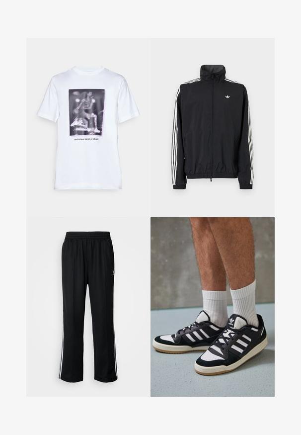 Zwarte windbreaker jas met hoge kraag, witte driedubbele streepdesign op de mouwen, elastische manchetten en zoom, met een klein logo op de borst.; Witte katoenen t-shirt met een grafische print van een basketballer en de tekst "adidas basketball" onder de afbeelding. Korte mouwen en een ronde hals.; Zwarte sportbroeken met een elastische tailleband, voorzien van witte zijkanten en een klein logo. Het materiaal lijkt zacht en lichtgewicht te zijn.; Zwart-witte sneakers met een bovenwerk van suede en leer, voorzien van drie witte strepen, een geperforeerde neus en een rubberen gumzool.