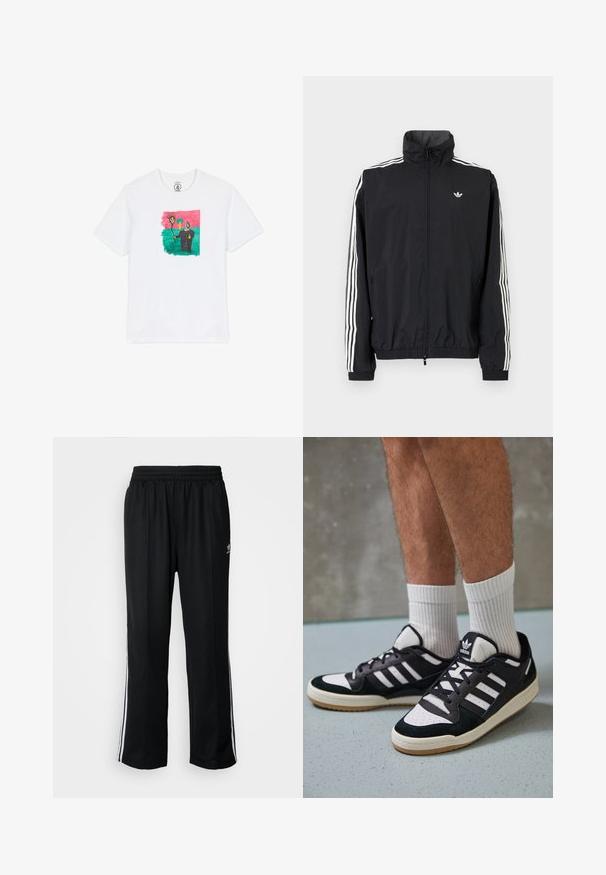 Černá windbreaker bunda s vysokým límcem, bílým designem tří pruhů na rukávech, elastickými manžetami a lemováním, s malým logem na hrudi.; Bílý bavlněný tričko s barevným, abstraktním výkresem se sluncem a postavou na zeleném pozadí, rámované růžovou. Krátké rukávy.; Černé sportovní kalhoty s elastickým pasem, s bílými bočními pruhy a malým logem. Materiál vypadá měkce a lehce.; Černobílé tenisky s vrchní částí z semišové a kožené kůže, včetně tří bílých pruhů, perforovaného špičky a podrážky z gumy.