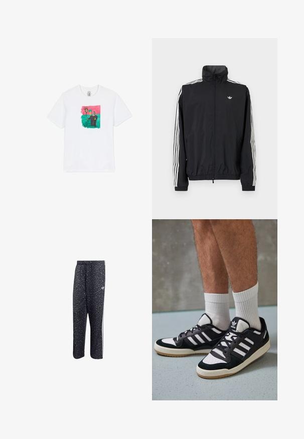 Juodas vėjaraudžių švarkas su aukštu apykakle, baltu trimis juostelėmis ant rankovių, elastingais rankogaliais ir apatine dalimi, su maža logotipo etikete ant krūtinės.; Balta medvilnė marškinėliai su spalvingu abstrakčiu piešiniu, kur vaizduojamas saulė ir figūra žaliajame fone, rėminta rožine. Trumpomis rankovėmis.; Juodi sportiniai keliai su leopardų raštu, su baltu trijų juostų dizainu ir sportinės prekinio ženklo logo šone.; Juodos ir baltos sportinės bateliai su zomšiniu ir odiniu viršumi, su trimis baltomis juostelėmis, perforuota koja ir guminėmis padais.