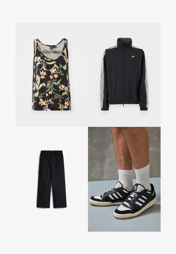Sort vindjakke med høj krave, hvidt tre-stripes design på ærmerne, elastiske cuffs og kant, med et lille logo på brystet.; Sort ærmeløs tanktop med et blomstermotiv bestående af pink og orange blomster samt grønne blade. Blødt stof med en afslappet pasform.; Sorte cargo bukser med elastisk talje, justerbart bælte og to sidelommer. Fremstillet af et let, struktureret stof.; Sorte og hvide sneakers med en overdel i ruskind og læder, der har tre hvide striber, en perforeret tå og en sål i gummigummi.