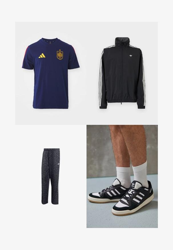 Crna windbreaker jakna s visokim ovratnikom, bijeli dizajn s tri pruge na rukavima, elastične manžete i rub, s malim logotipom na prsima.; Tamno plavi pamučni majica s žutim Adidas logotipom i grbom reprezentacije Španjolske s crvenim naglascima na ramenima. Klasični dizajn s okruglim izrezom.; Crne sportske hlače s uzorkom leopard tiska, s bijelim dizajnom u tri pruga i logotipom sportske marke sa strane.; Crne i bijele tenisice s gornjim dijelom od antilopa i kože, s tri bijele pruge, perforiranim prstom i gumiranim potplatom.