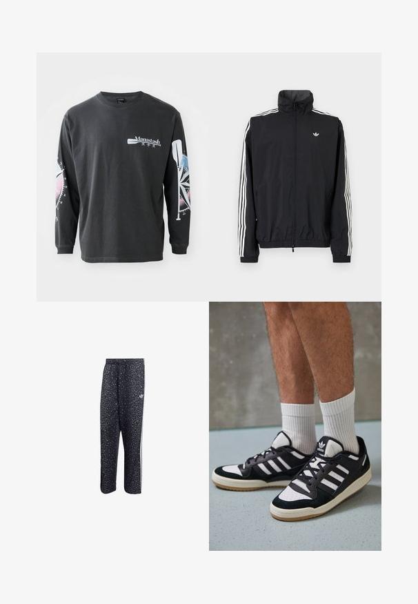Jachetă neagră din material impermeabil cu guler înalt, design cu trei dungi albe pe mâneci, manșete și tiv elastic, având un mic logo pe piept.; Tricou negru din bumbac cu mânecă lungă, având un logo pe față și grafică de busolă și vâslă pe mâneci, în nuanțe de albastru și roz.; Pantaloni de sport negri cu un model din leopard, având un design cu trei dungi albe și un logo al brandului sportiv pe lateral.; Adidași negri și albi cu un superior din suede și piele, prevăzuți cu trei dungi albe, un vârf perforat și o talpă din cauciuc caramel.
