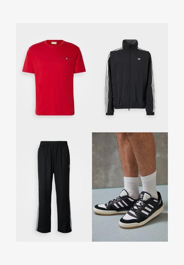 Jachetă neagră din material impermeabil cu guler înalt, design cu trei dungi albe pe mâneci, manșete și tiv elastic, având un mic logo pe piept.; Tricou roșu din bumbac cu mâneci scurte, guler rotund și detalii mici ale unui logo bleumarin pe piept. Textură netedă, croială lejeră.; Pantaloni atletici negri cu talie elastică, având dungi albe pe laterale și un mic logo. Materialul pare moale și ușor.; Adidași negri și albi cu un superior din suede și piele, prevăzuți cu trei dungi albe, un vârf perforat și o talpă din cauciuc caramel.