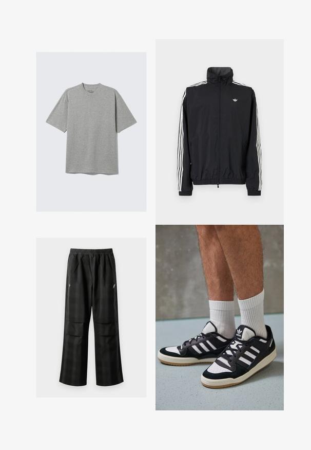 Melna vēja pārvalka jaka ar augstu apkakli, baltu trīs svītru dizainu uz piedurknēm, elastīgu aproču un apakšmalu, ar mazu logo uz krūtīm.; Īsām piedurknēm pelēks T-krekls, izgatavots no mīksta kokvilnas maisījuma, ar apaļo kakla izgriezumu un brīvu piegriezumu, bez redzamām rakstiem vai akcentiem.; Melnas kvadrātveida bikses ar elastīgu jostu, divām priekšējām kabatām un brīvu piegriezumu ar taisnām kājām. Izgatavotas no viegla materiāla.; Melnas un baltas kedas ar zamša un ādas augšdaļu, kas aprīkotas ar trim baltām svītrām, perforētu purngali un gumijas zolēm.