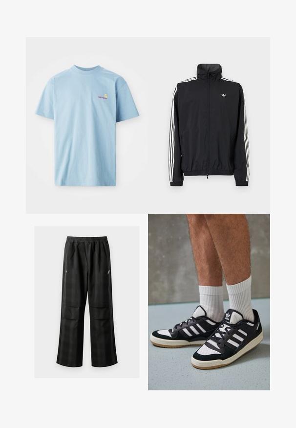 Črn vetrovka z visokim ovratnikom, belim trojnamenskim dizajnom na rokavih, elastičnimi manšeti in robom, s majhnim logotipom na prsih.; Svetlo modra majica s kratkimi rokavi iz bombaža, s krožnim izrezom in malim večbarvnim logotipom Carhartt na levem prsnem delu.; Črne karirane hlače z elastičnim pasom, dvema sprednjima žepoma in ohlapnim krojem s pravimi nogavicami. Narejene so iz lahke tkanine.; Črno-bele superge z zgornjim delom iz usnja in nubuka, ki imajo tri bele črte, perforiran vrh prstov in podplat iz gume.