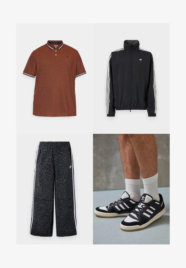 Must värvusega tuulejakk kõrge kraega, valge kolme triibu disainiga varrukatel, elastsed mansetid ja äär, väikese logoga rinnal.; Pruun polo särk, mis on valmistatud tekstuurilisest kangast, tumesinise kraega valge äärega, kolme nupuga ja väikese logoga rinnal.; adidas Originals GRAPHIC UNISEX - Dresside alumine osa - black; Mustvalged ja valged spordijalatsid, mille pealmine osa on valmistatud suede'ist ja nahast. Kingadel on kolm valget riba, auguline varvas ja kummist tald.