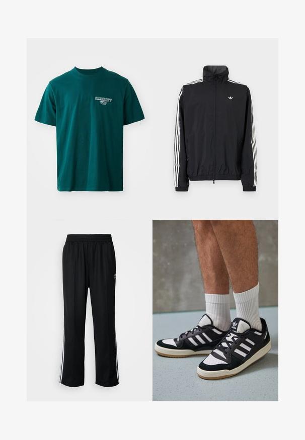 Juodas vėjaraudžių švarkas su aukštu apykakle, baltu trimis juostelėmis ant rankovių, elastingais rankogaliais ir apatine dalimi, su maža logotipo etikete ant krūtinės.; Žalios spalvos medvilninis marškinėliai su trumpomis rankovėmis ir apvaliu kaklu. Kairėje krūtinės pusėje yra baltas "Carhartt WIP" logotipas. Paprastas dizainas, tiesus pjūvis.; Juodi sportiniai keliai su elastingu juosmeniu, su baltais šonais ir mažu logotipu. Atrodo, kad medžiaga yra minkšta ir lengva.; Juodos ir baltos sportinės bateliai su zomšiniu ir odiniu viršumi, su trimis baltomis juostelėmis, perforuota koja ir guminėmis padais.