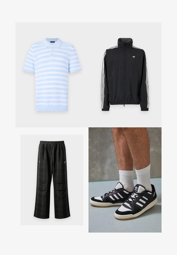 Sort vindjakke med høj krave, hvidt tre-stripes design på ærmerne, elastiske cuffs og kant, med et lille logo på brystet.; Lyseblå polo t-shirt med korte ærmer, prydet med horisontale striber og tekstureret mønster. Knaplukning og ribbet kravedetalje.; Sorte ternede bukser med elastisk talje, to forlommer og en løs pasform med lige ben. Fremstillet af letvægtsmateriale.; Sorte og hvide sneakers med en overdel i ruskind og læder, der har tre hvide striber, en perforeret tå og en sål i gummigummi.