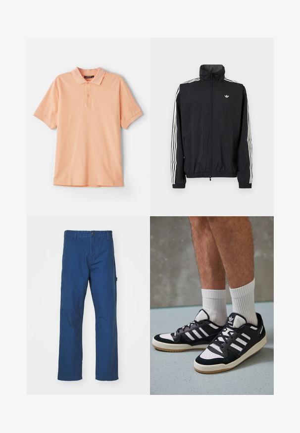 Juodas vėjaraudžių švarkas su aukštu apykakle, baltu trimis juostelėmis ant rankovių, elastingais rankogaliais ir apatine dalimi, su maža logotipo etikete ant krūtinės.; Persikas polosmaras, pagamintas iš medvilnės. Turi klasikinį apykaklę, trumpus rankovės ir subtilų logotipą ant krūtinės. Minkšta tekstūra, paprastas dizainas.; Mėlynos medvilnės twill kelnės su tiesiais kirpimo kojomis, kurios turi sagos uždarymą ir šonines kišenes. Lygi tekstūra, be matomų raštų ar akcentų.; Juodos ir baltos sportinės bateliai su zomšiniu ir odiniu viršumi, su trimis baltomis juostelėmis, perforuota koja ir guminėmis padais.