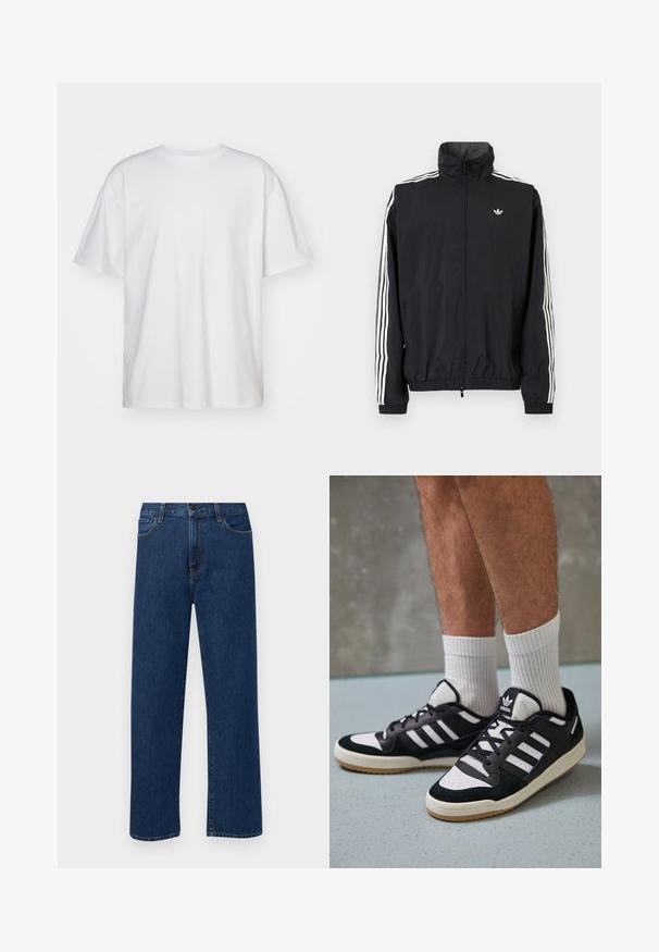 Melna vēja pārvalka jaka ar augstu apkakli, baltu trīs svītru dizainu uz piedurknēm, elastīgu aproču un apakšmalu, ar mazu logo uz krūtīm.; Carhartt WIP DUSTER SCRIPT - Pamata T-krekls - white; Tumši zilas taisnas kājas denim bikses ar priekšējām kabatām un pogu aizdari, izvietotas uz vienkārša baltā fona.; Melnas un baltas kedas ar zamša un ādas augšdaļu, kas aprīkotas ar trim baltām svītrām, perforētu purngali un gumijas zolēm.