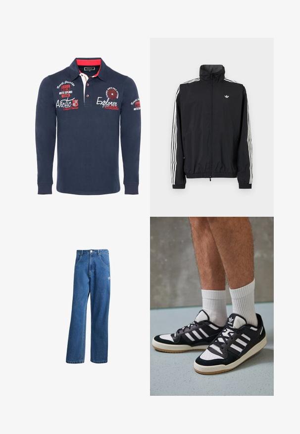 Sort vindjakke med høj krave, hvidt tre-stripes design på ærmerne, elastiske cuffs og kant, med et lille logo på brystet.; Marine langærmet polo skjorte lavet af bomuld, med krave, røde detaljer og broderet tekst og grafik på brystet og ærmerne.; Blå højtaljede viddebukser i denim med forlommer, bælteløkker, knaplukning og lille Adidas-logo på højre lår.; Sorte og hvide sneakers med en overdel i ruskind og læder, der har tre hvide striber, en perforeret tå og en sål i gummigummi.