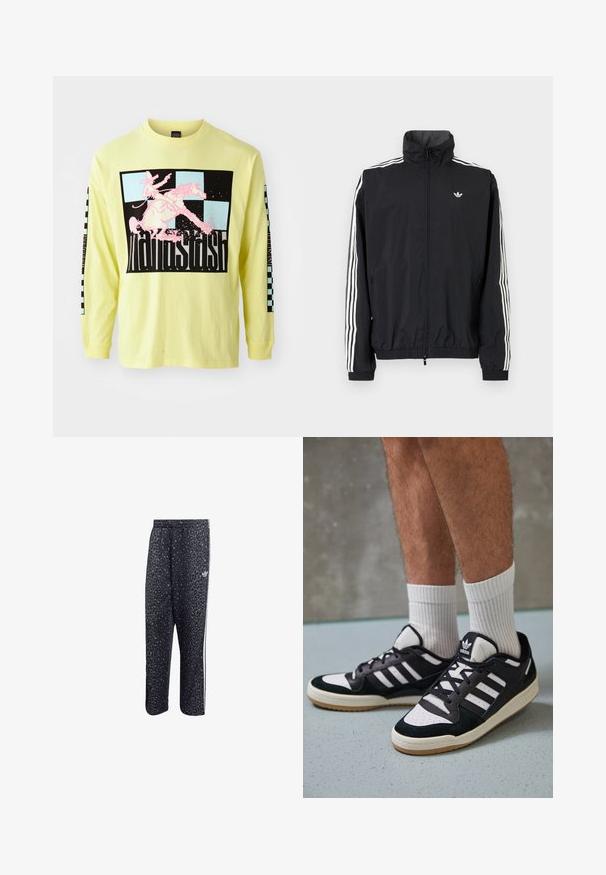 Zwarte windbreaker jas met hoge kraag, witte driedubbele streepdesign op de mouwen, elastische manchetten en zoom, met een klein logo op de borst.; Langdurige, felgele katoen t-shirt met lange mouwen heeft een grote zwarte afbeelding van een roze cowboy op een paard en een dambordpatroon op de mouwen.; Zwarte sportbroek met een luipaardpatroon, voorzien van een witte drie-strepenontwerp en een logo van een sportmerk aan de zijkant.; Zwart-witte sneakers met een bovenwerk van suede en leer, voorzien van drie witte strepen, een geperforeerde neus en een rubberen gumzool.