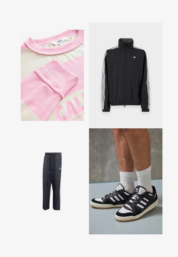Giacca a vento nera con colletto alto, design con tre strisce bianche sulle maniche, polsini e orlo elastici, con un piccolo logo sul petto.; Top a maniche corte con corpo crema e strisce orizzontali rosa. Collo e polsini a costine, con stampa grafica in rosa chiaro.; Pantaloni sportivi neri con motivo a stampa leopardata, caratterizzati da un design a tre strisce bianche e un logo di un marchio sportivo sul lato.; Sneaker bianco e nero con tomaia in suede e pelle, caratterizzati da tre strisce bianche, punta perforata e suola in gomma naturale.
