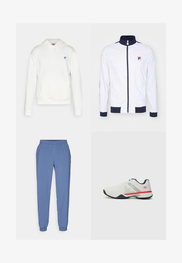 Bílá zipová bunda s vysokým límcem, tmavě modré akcenty na manžetách a ramenou, s malým červeným a modrým logem na hrudi.; Bílá fleecová mikina s kapucí, stahovací šňůrkou a přední kapsou. Obsahuje malé modré logo FILA na hrudi. Měkká textura, ležérní design.; Modré, lehké joggingové kalhoty s elastickým pasem a manžetami. Mají hladkou texturu a malé logo na boku.; Bílé atletické boty s šedými a červenými akcenty, texturovaný síťovaný svršek, flexibilní podešev a výrazný design bočního panelu. Obsahují šněrování.