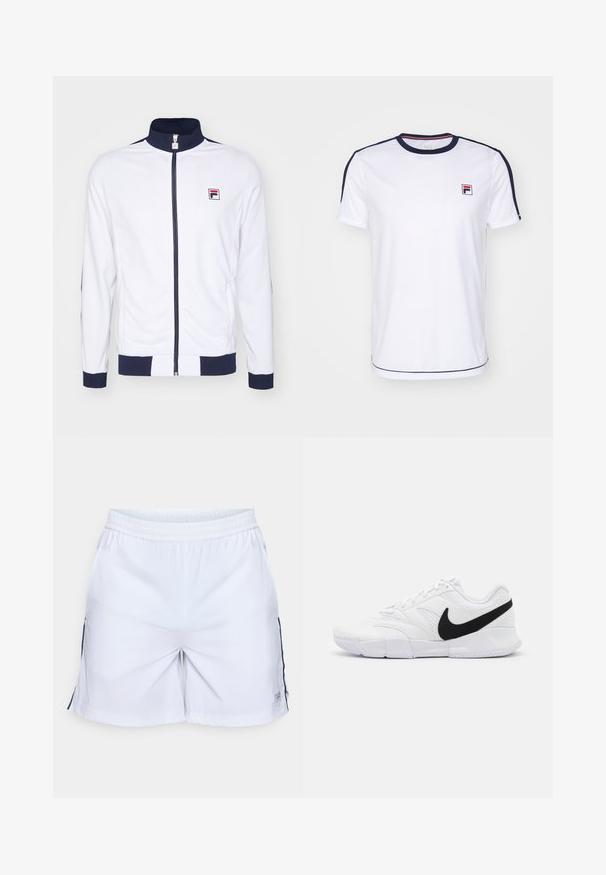 Jacket branca com fecho éclair e colarinho alto, detalhes em azul marinho nas punhos e nos ombros, apresentando um pequeno logótipo vermelho e azul no peito.; T-shirt branco de manga curta, feito de tecido respirável, com destaques em azul-marinho nas mangas e um pequeno logótipo FILA no peito.; Calções brancos em tecido leve, com cintura elástica e aberturas laterais. Apresentam detalhes em azul-marinho nas laterais e um pequeno rótulo da marca.; Sapatilhas brancas com um upper texturizado, logo Nike em preto, colarinho almofadado e uma sola de borracha sólida com um padrão de textura.