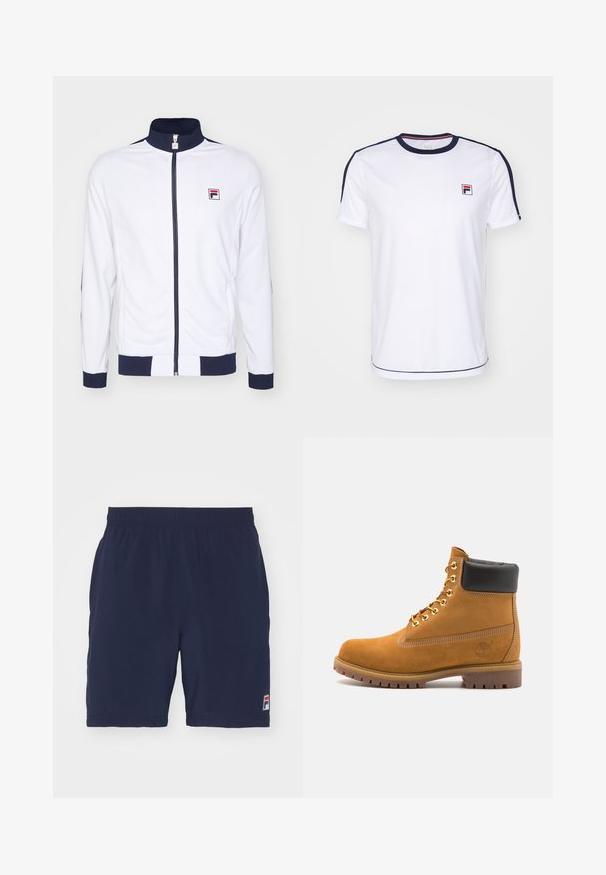 Valkoinen vetoketjullinen takki, jossa on korkea kaulus, tummansinisiä yksityiskohtia hihoissa ja harteilla, ja rinnassa pieni punainen ja sininen logo.; Valkoinen lyhythihainen t-paita hengittävästä materiaalista, jossa on laivastonsinisiä yksityiskohtia hihoissa ja pieni FILA-logo rinnassa.; Navy blue urheilu shortsit, jotka on valmistettu hengittävästä kankaasta, joustavalla vyötärönauhalla ja pienellä logo-tarralla vasemmassa alakulmassa.; Valkoinen nahkainen nilkkuri mustalla pehmustetulla kauluksella, kultaisilla metallisilla rei'illä, valkoisella ompeluksella ja jykevällä kumipohjalla, jossa on selvästi näkyvät urat.