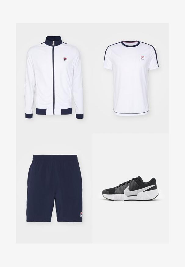Fehér zipzáras dzseki magas gallérral, sötétkék részletekkel a mandzsettákon és a vállakon, a mellkasán egy apró piros és kék logóval.; Fehér, rövid ujjú póló lélegző anyagból, tengerészkék részletekkel a ujjakon és egy kis FILA logóval a mellkason.; Tengerészkék sportnadrág, légáteresztő anyagból, rugalmas derékkal és egy kis logóval a bal alsó oldalon.; Fekete sportcipők textúrázott felsőrésszel, fehér Swoosh logóval, párnázott sarokkal és kontrasztos fehér talppal, amelyet zigzag minta díszít.