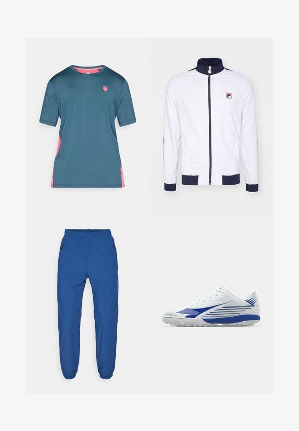 Valge lukuga jakk kõrge kraega, tumesinised aktsendid varrukatel ja õlgadel, selja peal on väike punane ja sinine logo.; Lühikeste varrukatega treeningpaita tumedates teal-toonides, millel on roosa aktsent külgedel ja krael; sile, kerge kangas ja väike logo rinnal.; Sinised sportlikud püksid, mis on valmistatud siledast materjalist. Neil on elastne vöökoht, külgmised lukuga taskud ja kitsenevad jalad elastsete mansettidega.; Valge sportlik king, millel on sinised aktsendid, tekstureeritud võrgust üst, kumer disain ja kummist välistald, millel on haardemustrid. Paeltega sulgemine tagab kindla istuvuse.