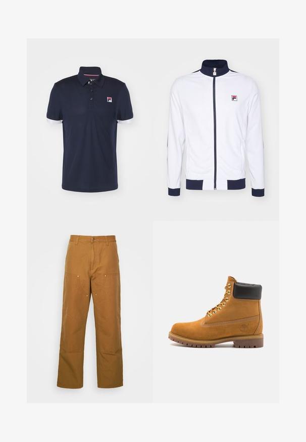 Biała kurtka zapinana na zamek z wysokim kołnierzem, granatowymi akcentami na mankietach i ramionach, z małym czerwono-niebieskim logo na piersi.; Granatowa koszulka polo wykonana z oddychającego materiału, z kołnierzykiem, trzema guzikami i białymi mankietami. Posiada małe logo na piersi.; Brązowe bawełniane spodnie robocze o prostym kroju, z przednimi kieszeniami i metalowymi elementami dla dodatkowej wytrzymałości.; Beżowe zamszowe botki sięgające kostki z czarną wyściełaną krawędzią, złotymi oczkami, białymi detalami szycia oraz wytrzymałą gumową podeszwą z wyraźnym bieżnikiem.