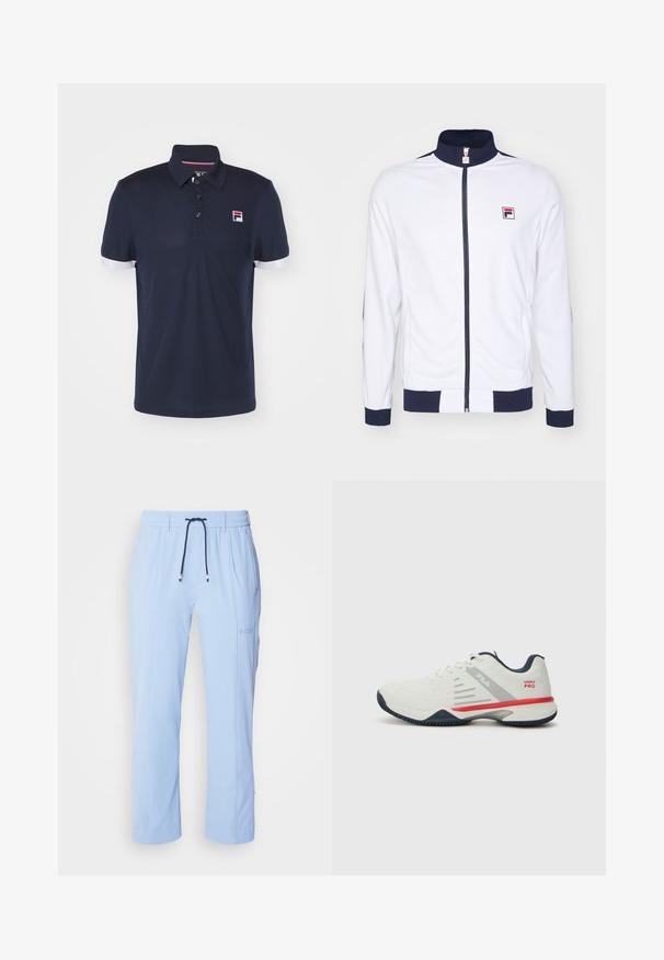 Balta zip-up striukė su aukštu apykakle, tamsiai mėlyni akcentai rankogaliuose ir pečių srityje, su mažu raudonu ir mėlynu logotipu ant krūtinės.; Jūrų laivyno polo marškiniai pagaminti iš kvėpuojančios medžiagos, turi apykaklę, tris mygtukus ir baltas akcentų rankoves. Priekyje yra mažas logotipas.; Šviesiai mėlynos, lengvos treniruočių kelnės su elastiniu juosmeniu, raišteliu ir subtiliomis šoninėmis kišenėmis. Dešiniajame klešne yra prekės ženklo logotipas.; Balti sportiniai bateliai su pilkomis ir raudonomis detalėmis, tekstūruota tinklelio viršutinė dalis, lankstus padas ir ryškus šoninis panelių dizainas. Yra raištelių uždarymas.