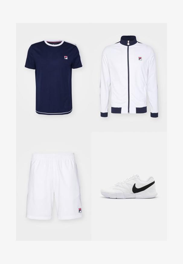 Valge lukuga jakk kõrge kraega, tumesinised aktsendid varrukatel ja õlgadel, selja peal on väike punane ja sinine logo.; Tumed sinine lühikeste varrukatega T-särk valge ümar kaelusega, millel on punase ja valge triibulised detailid õlgadel ning logo plaastriga.; Fila SHORTS JAKOB - Spordišortsid - white/navy; Valged sportlikud kingad, millel on tekstuuriga ülemine osa, must Nike'i logo, pehme krae ja kindel kummist välistald, millel on mustritega profiil.