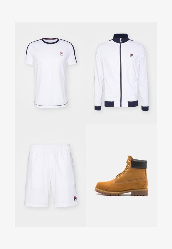 Fehér zipzáras dzseki magas gallérral, sötétkék részletekkel a mandzsettákon és a vállakon, a mellkasán egy apró piros és kék logóval.; Fehér, rövid ujjú póló lélegző anyagból, tengerészkék részletekkel a ujjakon és egy kis FILA logóval a mellkason.; Fila SHORTS JAKOB - Sport rövidnadrágok - white/navy; Barna velúr bokacipő fekete párnázott gallérral, arany fém fűzőlyukakkal, fehér varrási részletekkel és durva gumitalppal, amelynek kifejezett barázdái vannak.