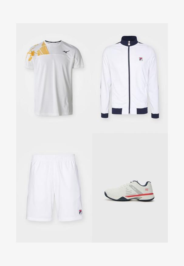 Jachetă albă cu fermoar și guler înalt, cu accente bleumarin pe manșete și umeri, având un mic logo roșu și albastru pe piept.; Tricou sport alb cu un design geometric galben pe un umăr, textură fină, guler rotund și logo în gri închis.; Fila SHORTS JAKOB - Pantaloni scurți sport - white/navy; Adidași albi cu accente gri și roșii, partea superioară din plasă texturată, talpă flexibilă și un design distinct al panoului lateral. Prezintă sistem de închidere cu șireturi.