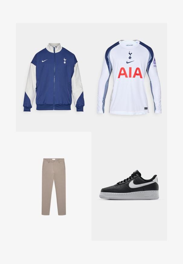 Morsko modra jakna z belimi rokavi, z vsem zadrgo, visokim ovratnikom, Nike logotipom in emblemom Tottenham Hotspur na levi prsni strani.; Bela dolga majica za ameriški nogomet z dolgimi rokavi in mornarsko modrimi detajli, ki vključuje logo Tottenham Hotspur ter napis "AIA" v rdeči barvi spredaj.; Bež hlače s prilagojenim krojem in ožjim fitom, z zadrgo, sprednjimi žepi in subtilnim teksturiranim vzorcem. Narejene iz lahkotnega materiala.; Črne usnjene teniske z teksturirano površino, bele Nikejeve zmage, sivo podplato, okroglo konico in vezalno zasnovo. Imajo perforacije na prednjem delu.