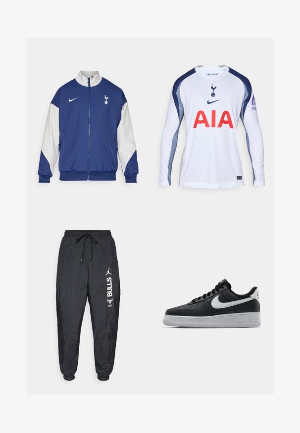 Tummansininen takki valkoisilla hihoilla, täysipitkä vetoketju, korkea kaulus, Nike-logo ja Tottenham Hotspur -embleemi vasemmassa rintataskussa.; Valkoinen pitkähihaisella jalkapallopaidalla, jossa on tummansiniset yksityiskohdat. Paidassa on Tottenham Hotspur -logo ja "AIA" punaisena edessä.; Mustat nailonista valmistetut jogging-housut, joissa on joustavat hihnat, nyörivarsi ja valkoiset Chicago Bullsin ja Jumpmanin logot oikeassa lahkeessa.; Musta nahkakengät, joissa on teksturoitu pinta, valkoinen Nike -logo, harmaa pohja, pyöreä kärki ja nauhakiinnitys. Varustettu rei'illä kärkilaatikossa.
