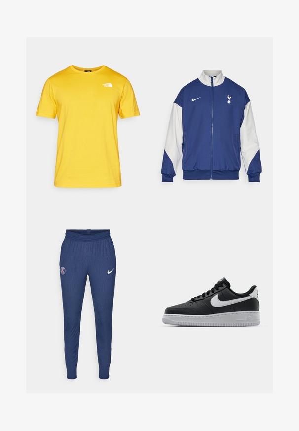 Granatowa kurtka z białymi rękawami, pełny zamek błyskawiczny, wysoki kołnierz, logo Nike oraz emblemat Tottenham Hotspur na lewej piersi.; Żółta bawełniana koszulka z krótkim rękawem, okrągłym dekoltem i białym logo po lewej stronie klatki piersiowej. Tkanina wydaje się gładka i lekka.; Granatowe spodnie sportowe z teksturowanej tkaniny, z logo Paryża na lewej nogawce i białym znakiem Nike na prawej.; Czarne skórzane trampki o teksturowanej powierzchni, białe logo Nike, szara podeszwa, okrągły czubek i sznurowany design. Posiada perforacje na nosku.