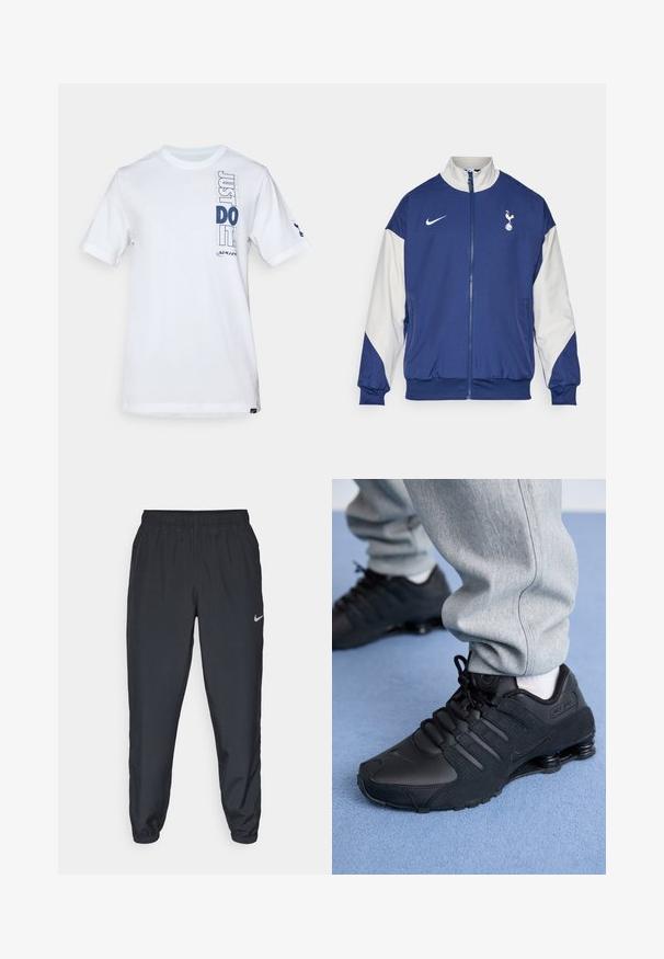 Navy blue jacket with white sleeves, full zip closure, high collar, Nike logo, and Tottenham Hotspur emblem on the left chest.; White cotton t-shirt featuring a graphic print with "JUST DO IT" in navy, short sleeves, and a crew neckline. Brand logo on sleeve.; Black track pants made from lightweight fabric with an elastic waistband, ankle cuffs, and a discreet Nike logo on the left side.; Person wearing black Nike Shox sneakers and gray sweatpants standing on light blue carpet.