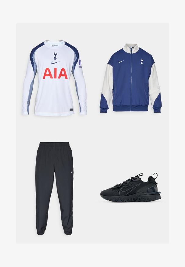 Giacca blu navy con maniche bianche, chiusura a zip completa, colletto alto, logo Nike ed emblem del Tottenham Hotspur sul lato sinistro del petto.; Maglia da calcio bianca a maniche lunghe con accenti blu navy, con il logo del Tottenham Hotspur e "AIA" in rosso sul davanti.; Pantaloni da jogging neri realizzati in tessuto leggero con cintura elastica, polsini alla caviglia e un logo Nike discreto sul lato sinistro.; Scarpa sportiva nera con tomaia in mesh traspirante, dettagli testurizzati e suola in gomma ondulata. Presenta un logo riflettente e un sistema di allacciatura.