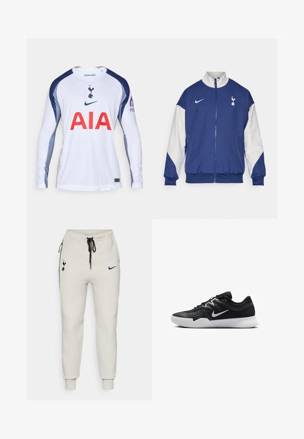 Tumši zilas krāsas jaka ar baltām piedurknēm, pilna zīmogojuma aizdare, augsts apkakles dizains, Nike logo un Tottenham Hotspur emblēma kreisajā krūtī.; Balta garām piedurknēm futbola krekls ar tumši ziliem akcentiem, ar Tottenham Hotspur logotipu un "AIA" sarkanā krāsā uz priekša.; Gaiši pelēki Nike sporta bikses ar melniem akcentiem. Iespējas ietver izšūtus logotipus, elastīgu jostu ar šnoru un piegrieztus potītes.; Melni sporta apavi ar teksturētu virsu, balto Nike zulumu un balto gumijas zoli. Iezīmējas ar auklu pievilkšanas dizainu un dinamisku formu.