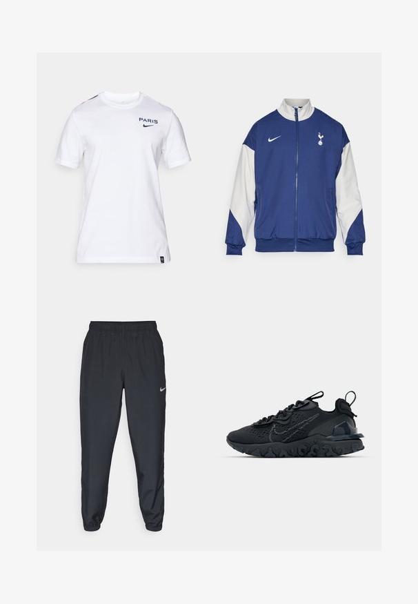 Granatowa kurtka z białymi rękawami, pełny zamek błyskawiczny, wysoki kołnierz, logo Nike oraz emblemat Tottenham Hotspur na lewej piersi.; Biała bawełniana koszulka T-shirt z krótkim rękawem, z napisem "PARIS" oraz logo Nike w granatowym kolorze na klatce piersiowej. Akcenty w czerwonym na ramionach.; Czarne spodnie dresowe wykonane z lekkiego materiału, z elastycznym paskiem w talii, ściągaczami na kostkach oraz dyskretnym logo Nike po lewej stronie.; Czarne sportowe buty z przewiewną siateczką na cholewce, teksturowanymi akcentami i falistą gumową podeszwą. Zawierają odblaskowe logo oraz system sznurowania.