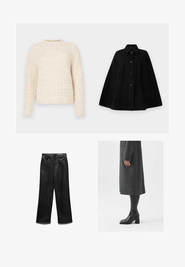 Schwarzer Wollumhangmantel mit Kragen, vorderer Knopfverschluss, seitlichen Taschen und strukturierter Silhouette. Glatte Textur, keine Muster oder Verzierungen.; Cremfarbener Pullover mit strukturiertem Strick, versehen mit horizontalen Bändern und offenen Maschen. Runder Halsausschnitt und lange Ärmel. Weicher, voluminöser Stoff.; Schwarze weite Hose aus Kunstleder mit Fronttaschen, Gürtelschlaufen und dezentem Glanz. Glatte Textur und maßgeschneiderte Passform.; Grau, maßgeschneiderter Überwurf mit geradem Schnitt; kombiniert mit knöchelhohen, schwarzen Lederstiefeln mit quadrater Zehenform und klobigem Absatz.