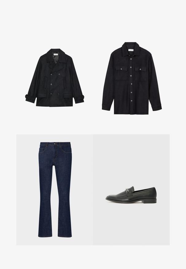 Abrigo marino negro de doble botonadura hecho de una mezcla de lana, con grandes botones, dos bolsillos frontales y un collar con muesca.; Chaqueta de camisa de lana negra con cuello, cierre frontal de botones, dos bolsillos en el pecho y mangas largas. Textura suave, sin patrones visibles.; Jeans acampanados de denim azul oscuro con cintura de media altura, cinco bolsillos y costuras en contraste. Textura suave con un desgaste mínimo.; Mocasín de cuero negro con un acabado suave, que cuenta con un diseño de costura y un acento decorativo de cadena de metal en el empeine. Tacón plano.