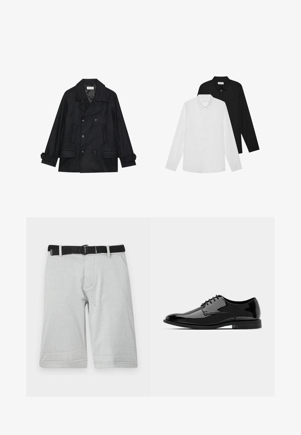 Dvojnazobe črn peacoat izdelan iz volnenega mešanega blaga, z velikimi gumbi, dvema sprednjima žepoma in ovratnikom z izrezom.; Bela in črna dolga majica z dolgimi rokavi, s koničastimi ovratniki, sprednjimi gumbi in gladko teksturo tkanine. Oznake vidne na notranji strani vratu.; Svetlo sivi šorts s teksturiranim materijalom, koji ima crni podesivi pojas i dva bočna džepa, sa obrezanim rezom do kolena i ravnim krojem.; Črne lakirane usnjene čevlje z zaobljenim nosom, vezanjem in gladko, sijočo površino. Imajo nizko profilirano gumijasto podplat.