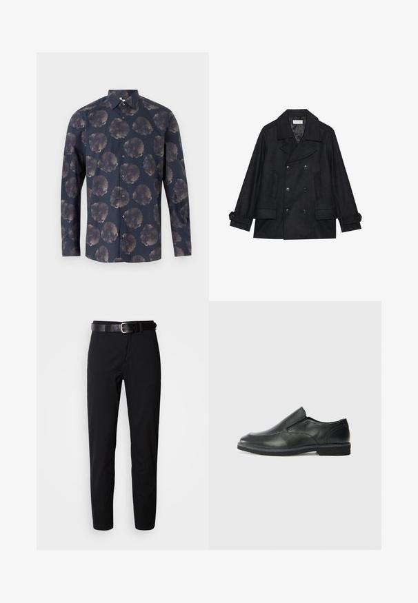 Kaksirivinen musta merimiestakki, joka on valmistettu villasekoitekankaasta. Takissa on suuret napit, kaksi etutaskua ja viilto-kaulus.; Pitkähihainen paita tummansinisenä, jossa on kukkakuosi, joka sisältää suuria, hillittyjä kukkia. Napitettava etuosa klassisella kauluksella ja kankaan tekstuurilla.; Mustat housut suoran leikkauksen omaavina, joissa on sileä pinta ja musta nahkavyö hopeasolkineen. Yksinkertainen muotoilu, ei kuvioita tai koristeita.; Musta nahkainen liukujalkine, jossa on sileä pinta, ommeltuja yksityiskohtia, pyöristetty kärki ja matala kumipohja. Pohjassa on minimaalinen pito.