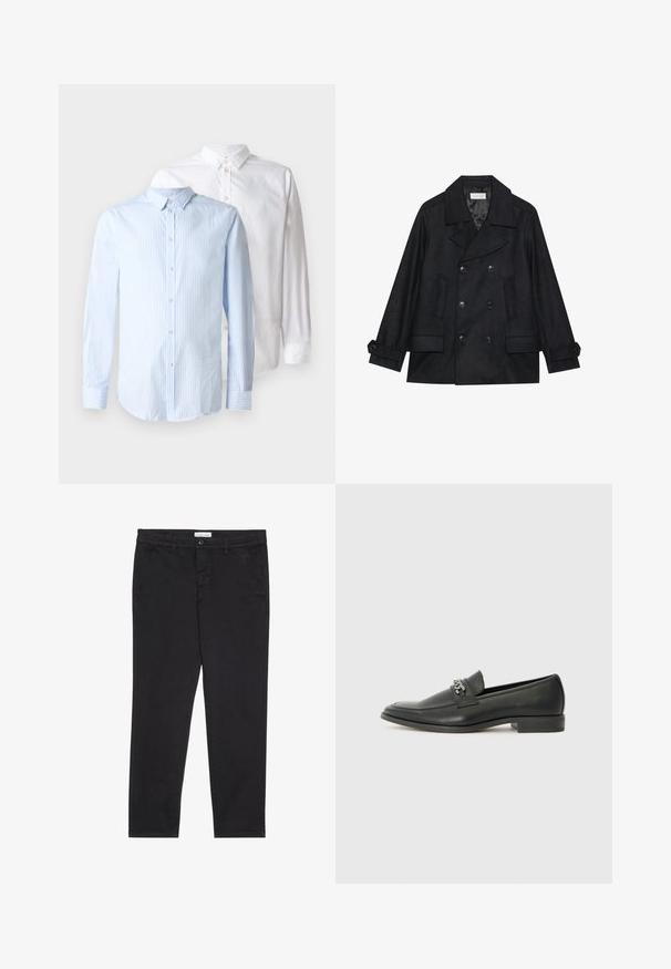 Dulje crne peacoat jakne izrađene od mješavine vune, s velikim dugmadi, dva prednja džepa i reverom.; Dva dugih rukava: jedna svijetlo plava s vertikalnim trakama, a druga jednostavna bijela. Obe imaju kopčanje s gumbima sprijeda i detalje na ovratniku.; Crne pamučne hlače uskog kroja, s dva bočna džepa i prednjim zatvaranjem na dugme. Teksturirana tkanina s suptilnim detaljima.; Crna kožna loafer cipela s glatkom finišem, s ušivenim uzorkom i dekorativnim metalnim lancem preko prednjeg dijela. Ravni potplat.