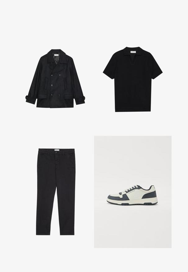 Cappotto doppiopetto nero realizzato in tessuto misto lana, con grandi bottoni, due tasche frontali e colletto a punta.; Polo shirt nera a maniche corte in tessuto texturizzato a coste, con scollo a V e orlo dritto. Nessun logo o motivo visibile.; Pantaloni neri in cotone con vestibilità slim, dotati di due tasche laterali e chiusura anteriore con bottone. Tessuto testurizzato con dettagli sottili.; Sneaker navy e grigio chiaro con tomaia in suede e pelle, linguetta imbottita e design con lacci. Suola in gomma con motivo antiscivolo.