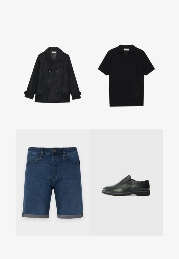 Kaksirivinen musta merimiestakki, joka on valmistettu villasekoitekankaasta. Takissa on suuret napit, kaksi etutaskua ja viilto-kaulus.; Mustan lyhythihainen polo-paita, jossa on teksturoitu, ribattua kangasta, v-pääntie ja suora helma. Ei näkyviä logoja tai kuvioita.; Tummansiniset farkkushortsit, joissa on käännetty harmaa helma. Ominaisuuksiin kuuluu klassinen viiden taskun muotoilu ja nappikiinnitys vyötäröllä.; Musta nahkainen liukujalkine, jossa on sileä pinta, ommeltuja yksityiskohtia, pyöristetty kärki ja matala kumipohja. Pohjassa on minimaalinen pito.