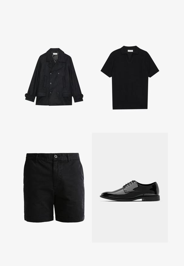 Dvojnazobe črn peacoat izdelan iz volnenega mešanega blaga, z velikimi gumbi, dvema sprednjima žepoma in ovratnikom z izrezom.; Črna polo majica s kratkimi rokavi iz strukturirane rebraste tkanine, z V-izrezom in ravnim robom. Brez vidnih logotipov ali vzorcev.; Črne bombažne kratke hlače z gladko površino, z gumbom za zapiranje in zavitimi robovi. Imajo ledvične zanke in sprednje žepe za praktičnost.; Črne lakirane usnjene čevlje z zaobljenim nosom, vezanjem in gladko, sijočo površino. Imajo nizko profilirano gumijasto podplat.