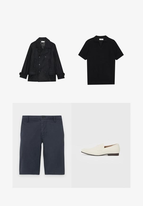 Dvojradový čierny kabát z vlnenej zmesi, s veľkými gombíkmi, dvoma prednými vreckami a s klopovým golierom.; Čierna polo tričko s krátkymi rukávmi, vyrobené z textúrovaného, rebrovaného materiálu, s véčkovým výstrihom a rovnými okrajmi. Bez viditeľných log a vzorov.; Námornícke modré šortky vyrobené z textúrovanej tkaniny, s predným zapínaním na gombík, pútka na opasok a štandardnými bočnými vreckami.; Svetlé béžové mokasíny s špicatou špičkou, hladkým materiálom, pásikom cez vamp a nízkou hnedou podrážkou. Jednoduchý dizajn s minimálnymi akcentmi.
