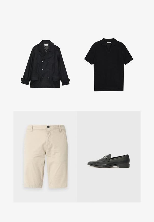 Juodasis dvigubos sagos peacoat, pagamintas iš vilnos ir sintetinių skaidulų mišinio, su didelėmis sagomis, dviem priekinėmis kišenėmis ir įpjovimu apykaklėje.; Juodas trumpas rankovėmis polo marškinėliai su tekstūruota, grioveliais audiniu, turi V formos iškirptę ir tiesų apačią. Nėra matomų logotipų ar raštų.; Balti šortai, pagaminti iš lengvos medžiagos, su lygia priekiu, vienu mygtuko užsegimu ir dviem šoninėmis kišenėmis; glotni tekstūra.; Juodos odinės loafer tipo bateliai su lygiu paviršiumi, turintys siuvinėtą dizainą ir dekoratyvų metalo grandinėlės akcentą ant batų viršaus. Plokščias kulnas.