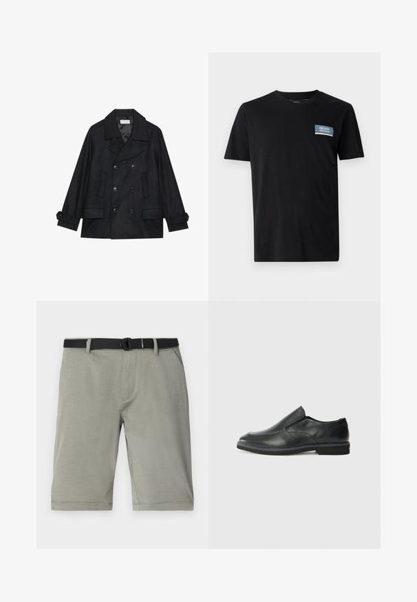 Dvojradový čierny kabát z vlnenej zmesi, s veľkými gombíkmi, dvoma prednými vreckami a s klopovým golierom.; Čierne tričko s krátkym rukávom vyrobené z mäkkej látky, s modrým obdĺžnikovým nášivkom s textom "DENIM TOM TAILOR" na ľavej hrudi.; Šedé šortky vyrobené z textúrovanej látky, s čiernym opaskom, štandardnými vreckami a lemom končiacim tesne nad kolenom.; Čierny kožený nazúvací topánka s hladkým zvrškom, prešitými akcentmi, zaoblenou špičkou a nízkym gumovým podpätkom. Podošva má minimálny dezén.