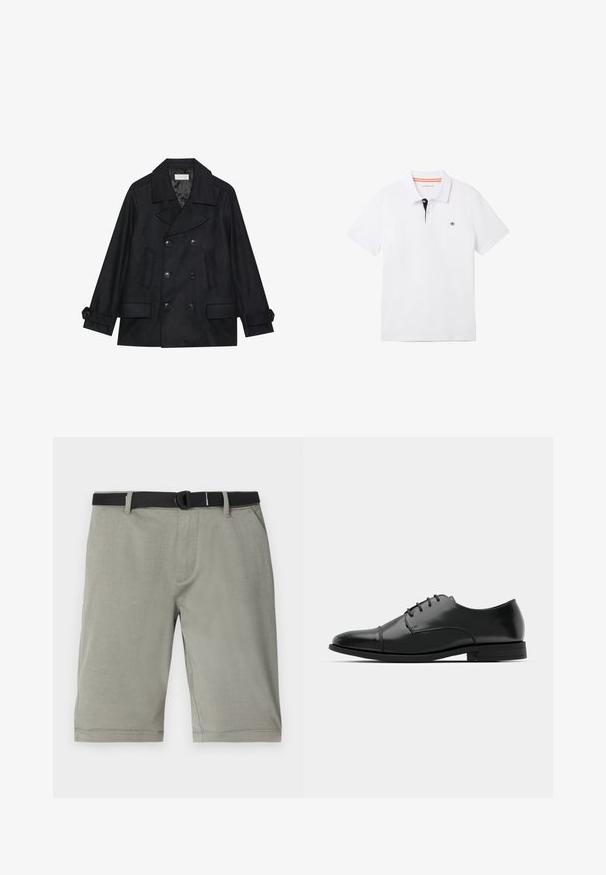 Topelt nööpidega must meresõidukit valmistatud villasegust riidest, millel on suured nööpide, kaks eesmist taskut ja sälguga krae.; Valge polosärk musta kaelusega, millel on oranž ääreline, lühikesed varrukad ja väike logo rinnal. Valmistatud hingavast puuvillasegistusest.; Hallide hallid šortsid, mis on valmistatud tekstuursest kangast, must vöö, tavalised taskud ja ääreviimistlus, mis lõpeb just üle põlve.; Must must esine tugeva varbaga, luku kinnitusega, peente õmblustete detailidega ja madala kontsaga. Sile tekstuur ja poleeritud viimistlus.