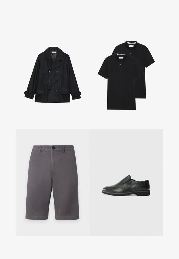 Dwudzielna czarna peacoat z mieszanki wełny, z dużymi guzikami, dwiema przednimi kieszeniami i kołnierzem z klapami.; Dwie czarne koszulki polo z krótkim rękawem, wykonane z materiału bawełnianego, z klasycznym kołnierzykiem, z zapięciem na dwa guziki oraz białymi paskami wewnątrz kołnierza.; Szare szorty wykonane z materiału bawełnianego, z zapięciem na guzik, kieszeniami po bokach oraz prostym, klasycznym krojem.; Czarne skórzane buty wsuwane z gładką cholewką, przeszyciami, okrągłym noskiem i niskim gumowym obcasem. Podeszwa ma minimalny bieżnik.