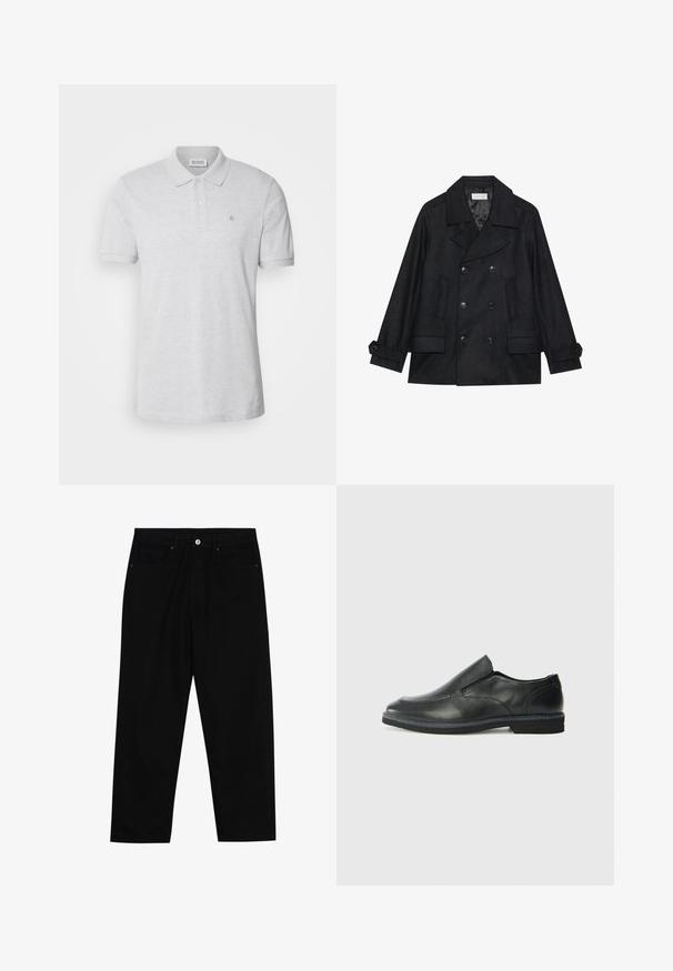 Dvojradový čierny kabát z vlnenej zmesi, s veľkými gombíkmi, dvoma prednými vreckami a s klopovým golierom.; Sivá polo tričko vyrobené z bavlny, s klasickým golierom, dvojgombíkovou légou a malým vyšitým logom na ľavej hrudi.; Čierne denimmové nohavice s rovný strihom, dizajnom s piatimi vreckami a upínaním na prednej strane. Hladká textúra s minimálnymi detailmi šitia.; Čierny kožený nazúvací topánka s hladkým zvrškom, prešitými akcentmi, zaoblenou špičkou a nízkym gumovým podpätkom. Podošva má minimálny dezén.