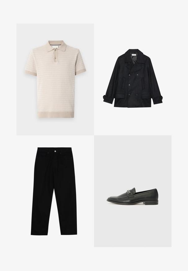 Kétrészes fekete peacoat gyapjú keverék anyagból, nagy gombokkal, két elülső zsebbel és hajtókás gallérral.; Rövid ujjú pólóing világos bézs színben, texturált csíkokkal, galléros nyakkivágással és három gombos patkóval. Puha anyag, bordás mandzsettákkal.; Fekete farmernadrág, egyenes szabással, öt zsebből álló dizájnnal és elülső gombos záródással. Simább felület minimális varrási részletekkel.; Fekete bőr loaferek sima felülettel, varrott mintával és díszítő fém lánccal a cipő elején. Lapos sarok.